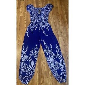 Hot Wing Jumpsuit Sz-XXL Blue Floral Abstract 65% Silk Evening Out Spec Occasion